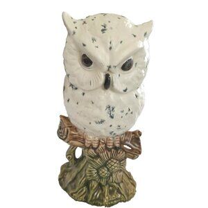 Baby Snowy Owl Perched Figurine Ceramic Collector Decor Cottage Core 8"x4" VTG